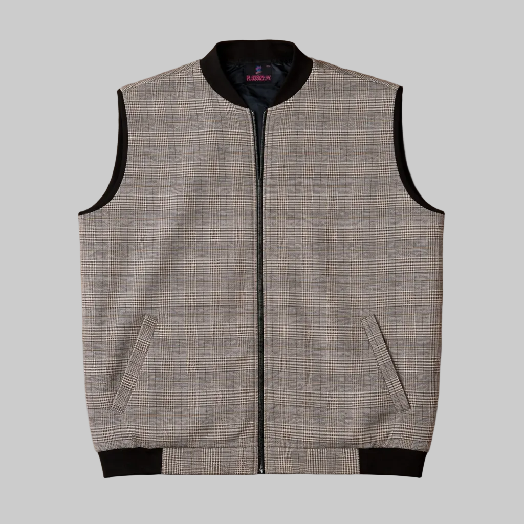 Classic grey check sleeveless full zip jacket with ribbed collar and hem, front view, premium plaid winter vest for men.