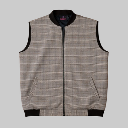 Classic grey check sleeveless full zip jacket with ribbed collar and hem, front view, premium plaid winter vest for men.