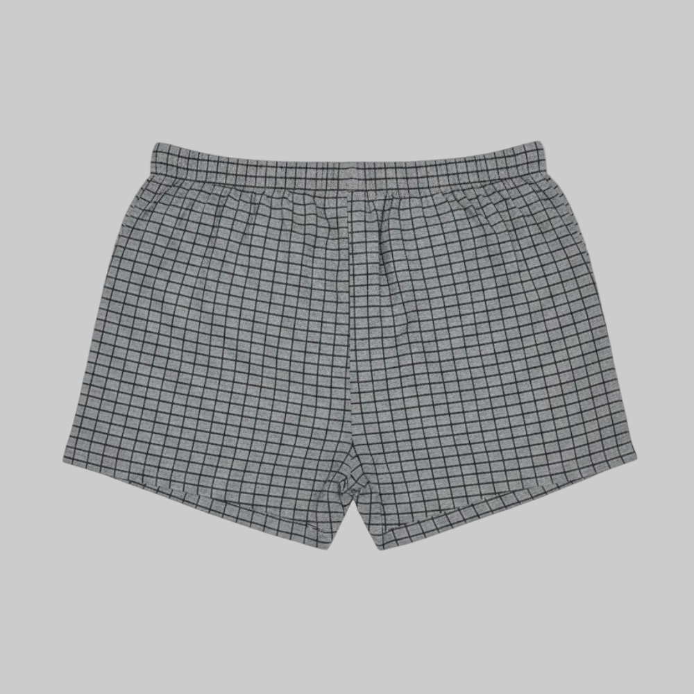 Classic grey micro-check cotton boxer with elastic waistband, laid flat showing a clean and comfortable everyday design