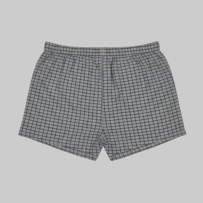 Classic grey micro-check cotton boxer with elastic waistband, laid flat showing a clean and comfortable everyday design