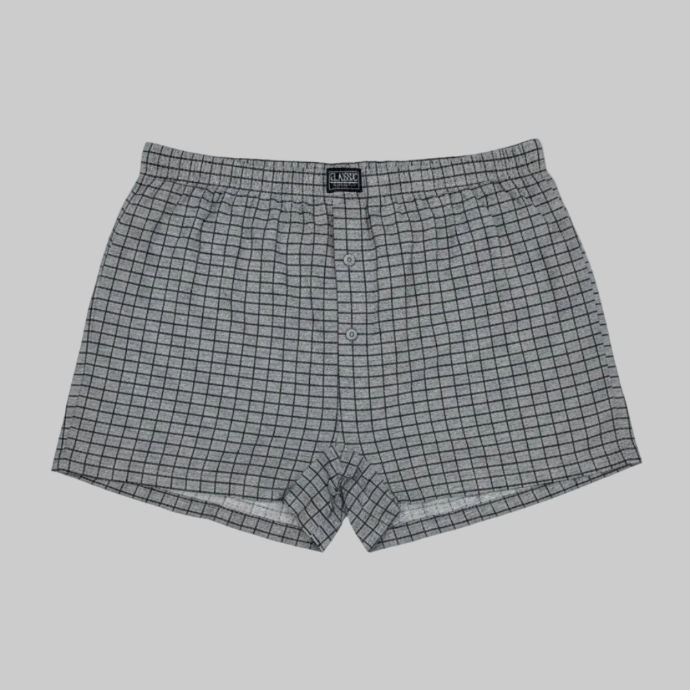 Classic grey micro-check cotton boxer with elastic waistband, laid flat showing a clean and comfortable everyday design
