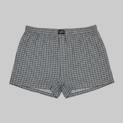 Classic grey micro-check cotton boxer with elastic waistband, laid flat showing a clean and comfortable everyday design