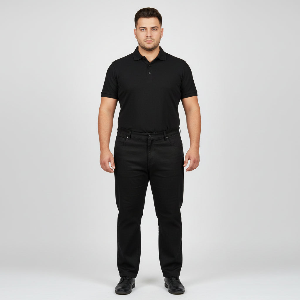 Classic jet black straight fit cotton denim jeans with button closure.