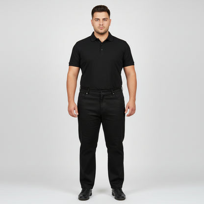 Classic jet black straight fit cotton denim jeans with button closure.
