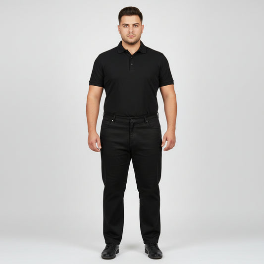 Classic jet black straight fit cotton denim jeans with button closure.