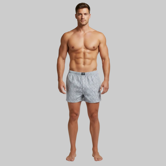 Classic light grey pinstripe cotton boxer with elastic waistband and button fly, laid flat showing a clean and comfortable everyday design