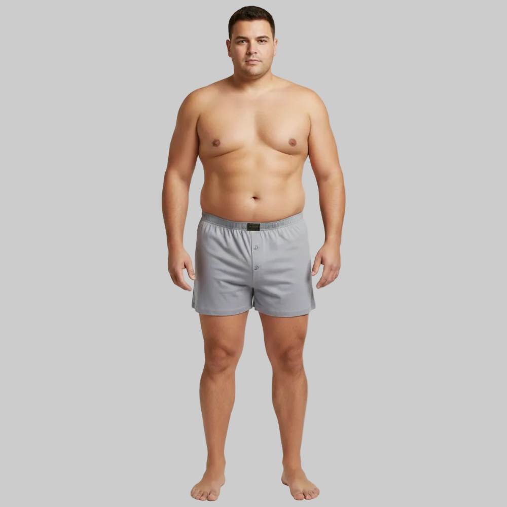 Classic light grey textured cotton boxer with elastic waistband and button fly, laid flat showing a clean and comfortable everyday design
