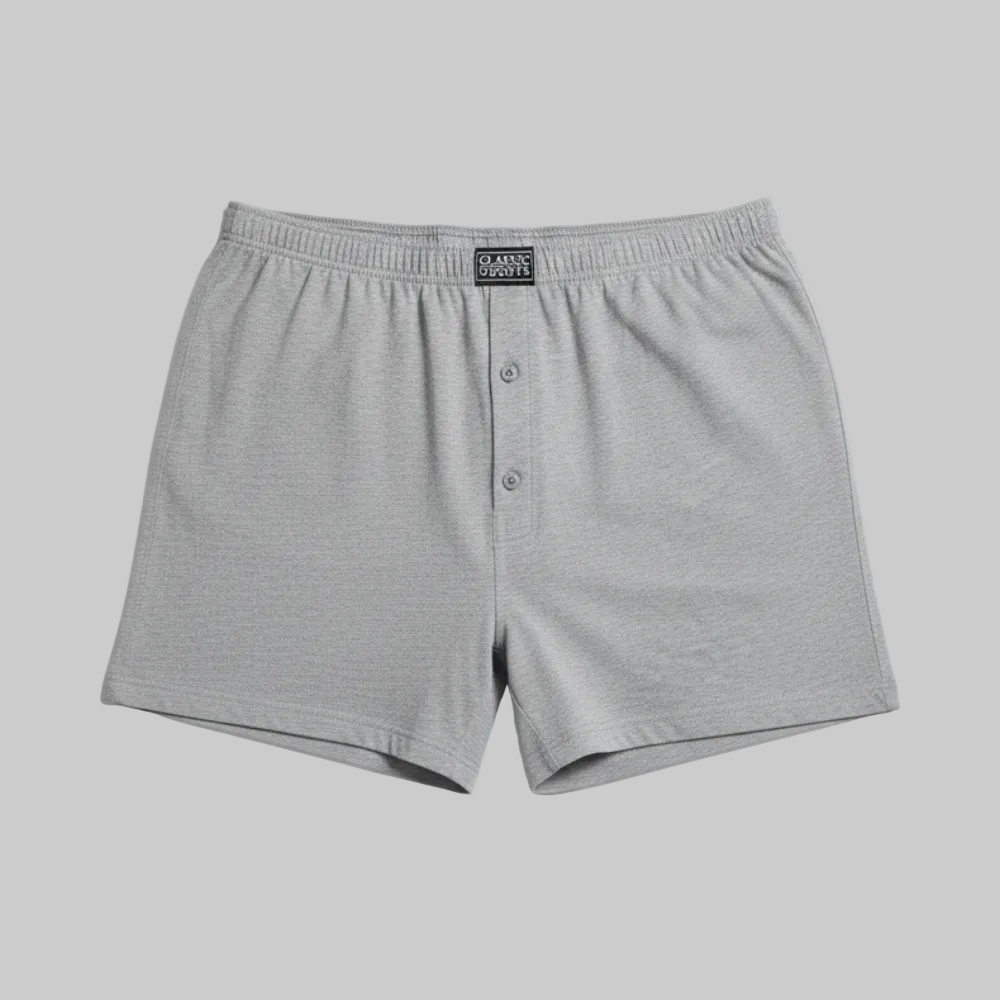 Classic light grey textured cotton boxer with elastic waistband and button fly, laid flat showing a clean and comfortable everyday design