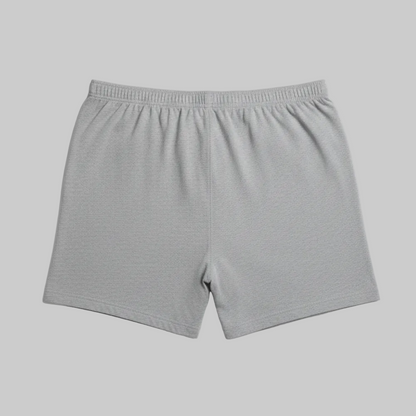 Classic light grey textured cotton boxer with elastic waistband and button fly, laid flat showing a clean and comfortable everyday design