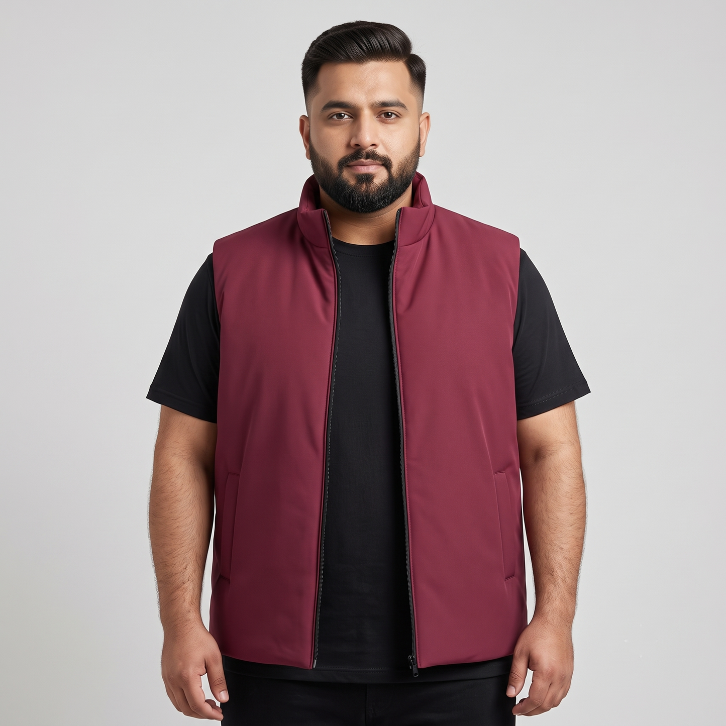Classic Maroon Plus-Size Sleeveless Puffer Jacket PSM-9998