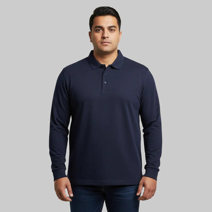 Classic navy long sleeve polo shirt with collar and button placket front view