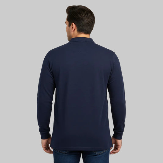 Classic navy long sleeve polo shirt with collar and button placket front view