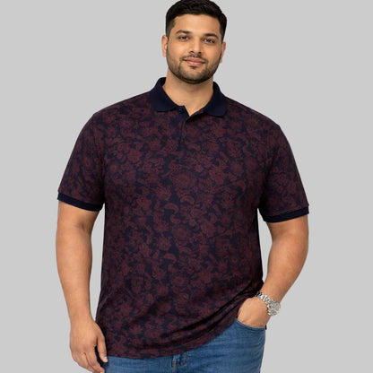 Plus size navy maroon floral print polo shirt with solid collar