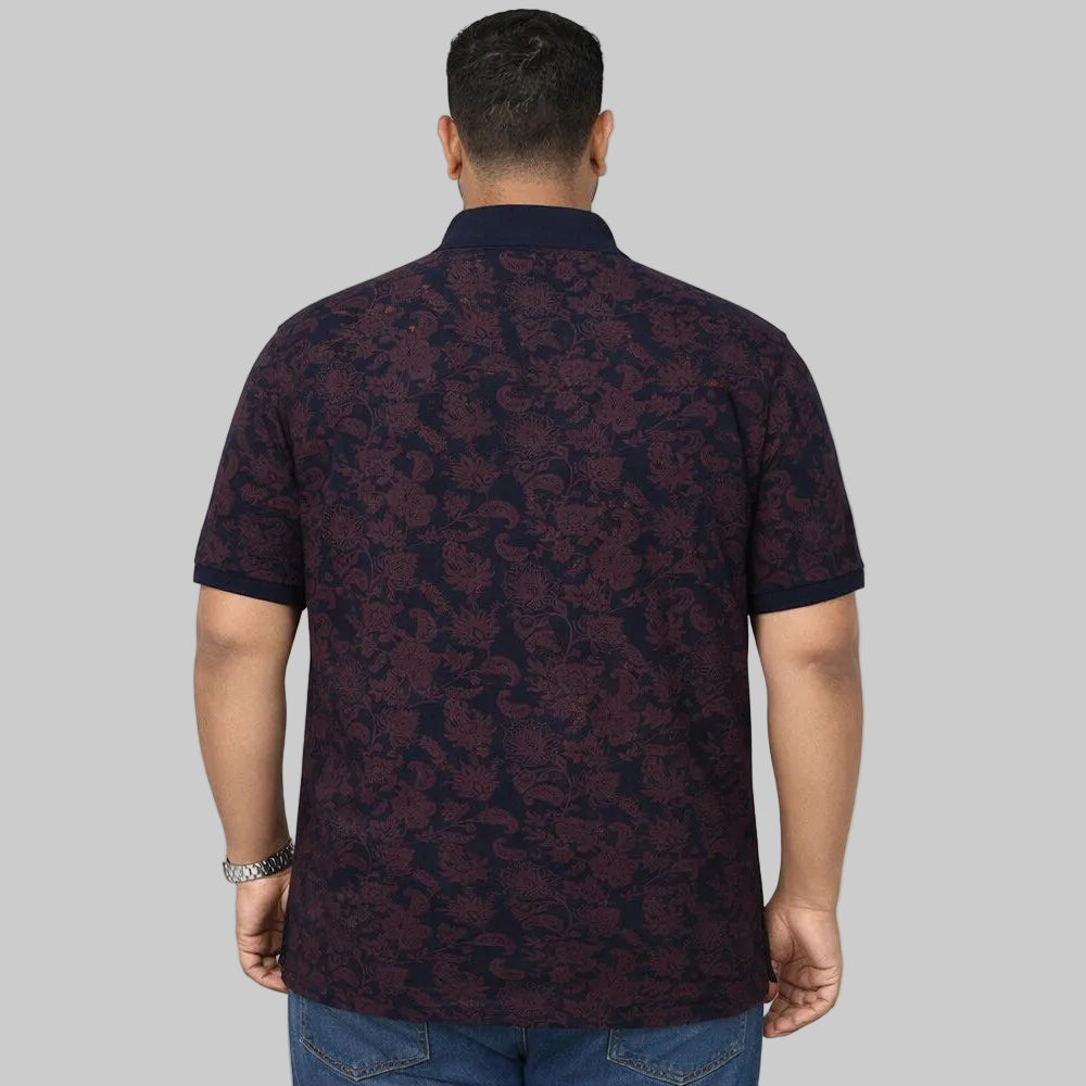 Plus size navy maroon floral print polo shirt with solid collar