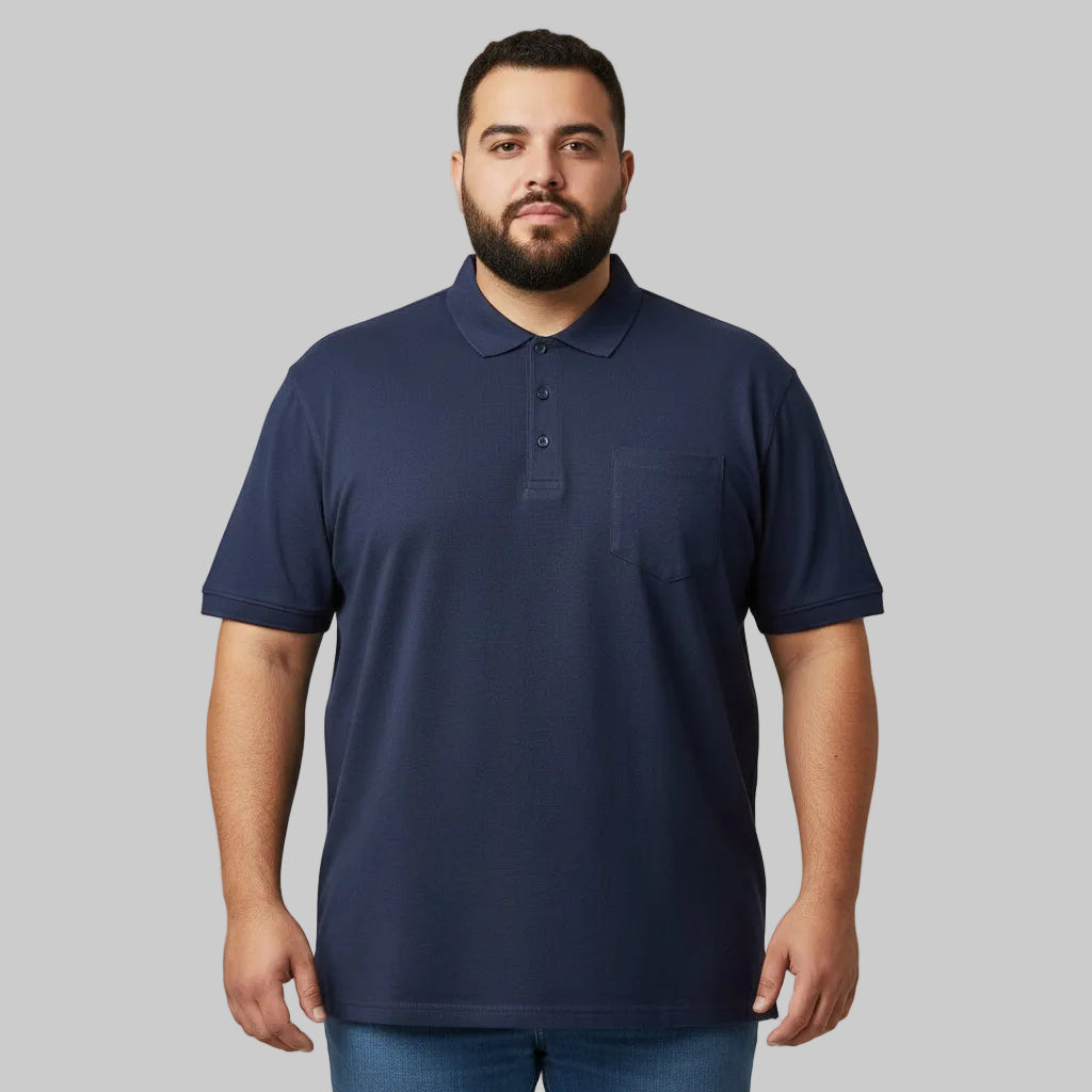Classic navy plus size polo shirt with chest pocket short sleeves front view