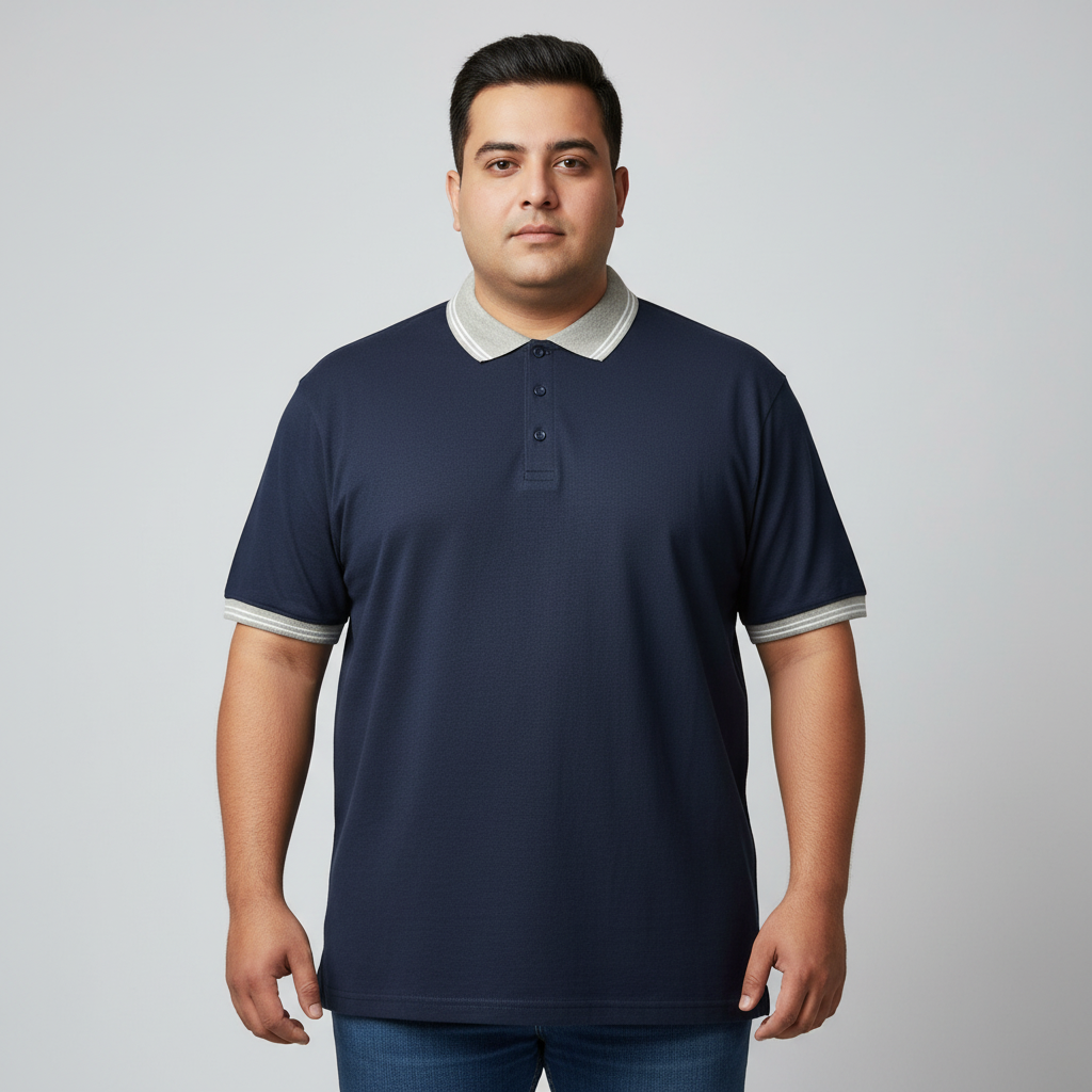 Navy cotton polo shirt with grey contrast collar and sleeve trim