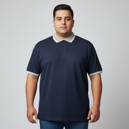 Navy cotton polo shirt with grey contrast collar and sleeve trim