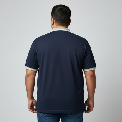 Navy and pale blue chevron polo shirt with white chest stripe and short sleeves