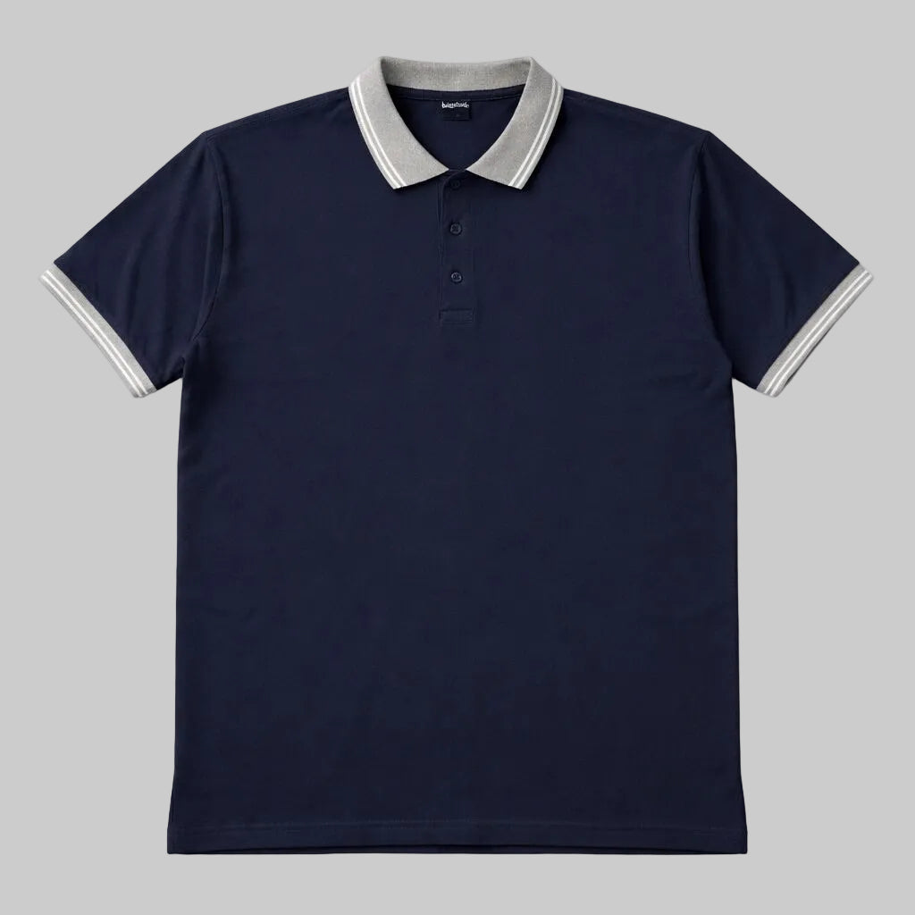 Navy and pale blue chevron polo shirt with white chest stripe and short sleeves