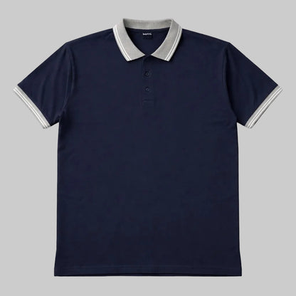 Navy and pale blue chevron polo shirt with white chest stripe and short sleeves