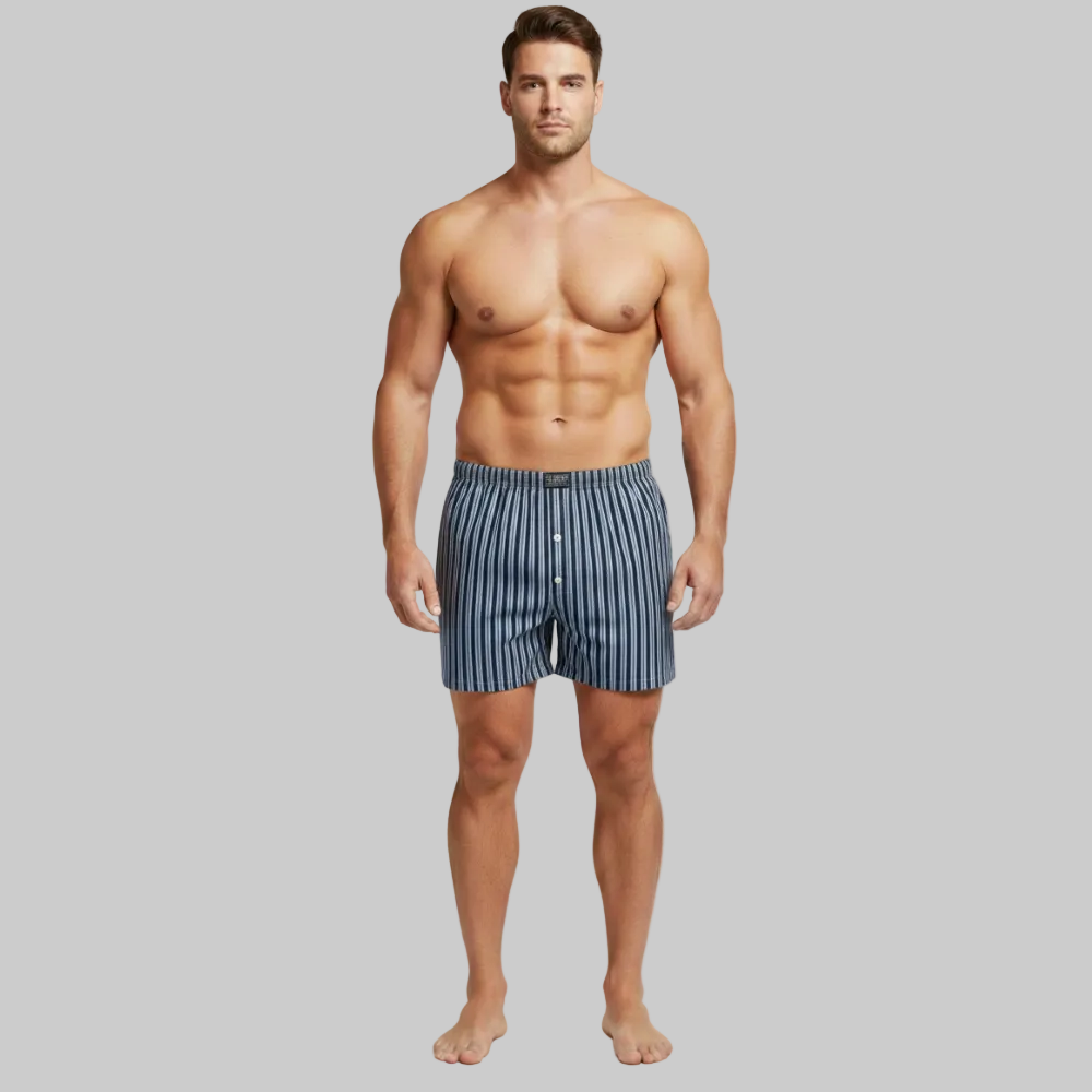 Classic navy and white vertical stripe cotton boxer with elastic waistband and button fly, laid flat showing a clean and comfortable everyday design