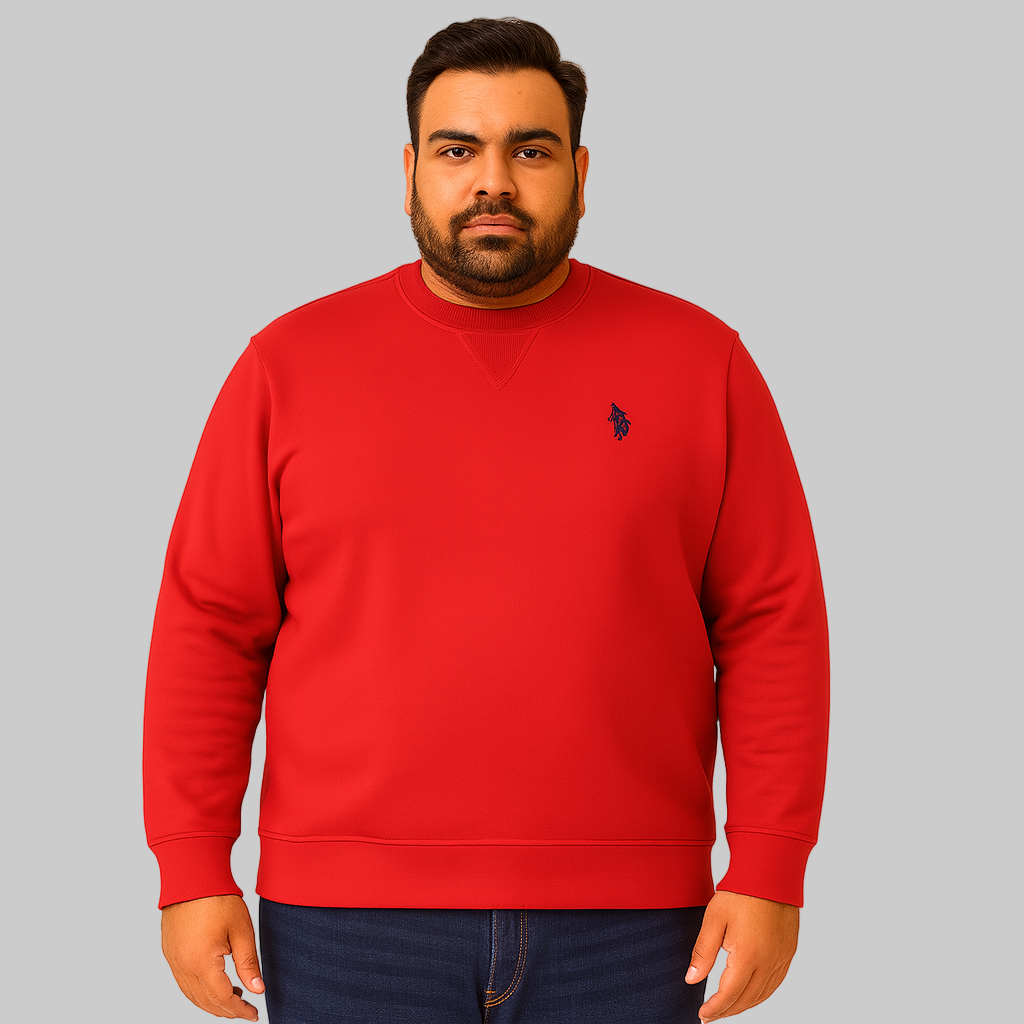 Classic Red Fleece Crewneck Sweatshirt with ribbed cuffs and hem — soft, warm cotton-blend casual pullover for men.