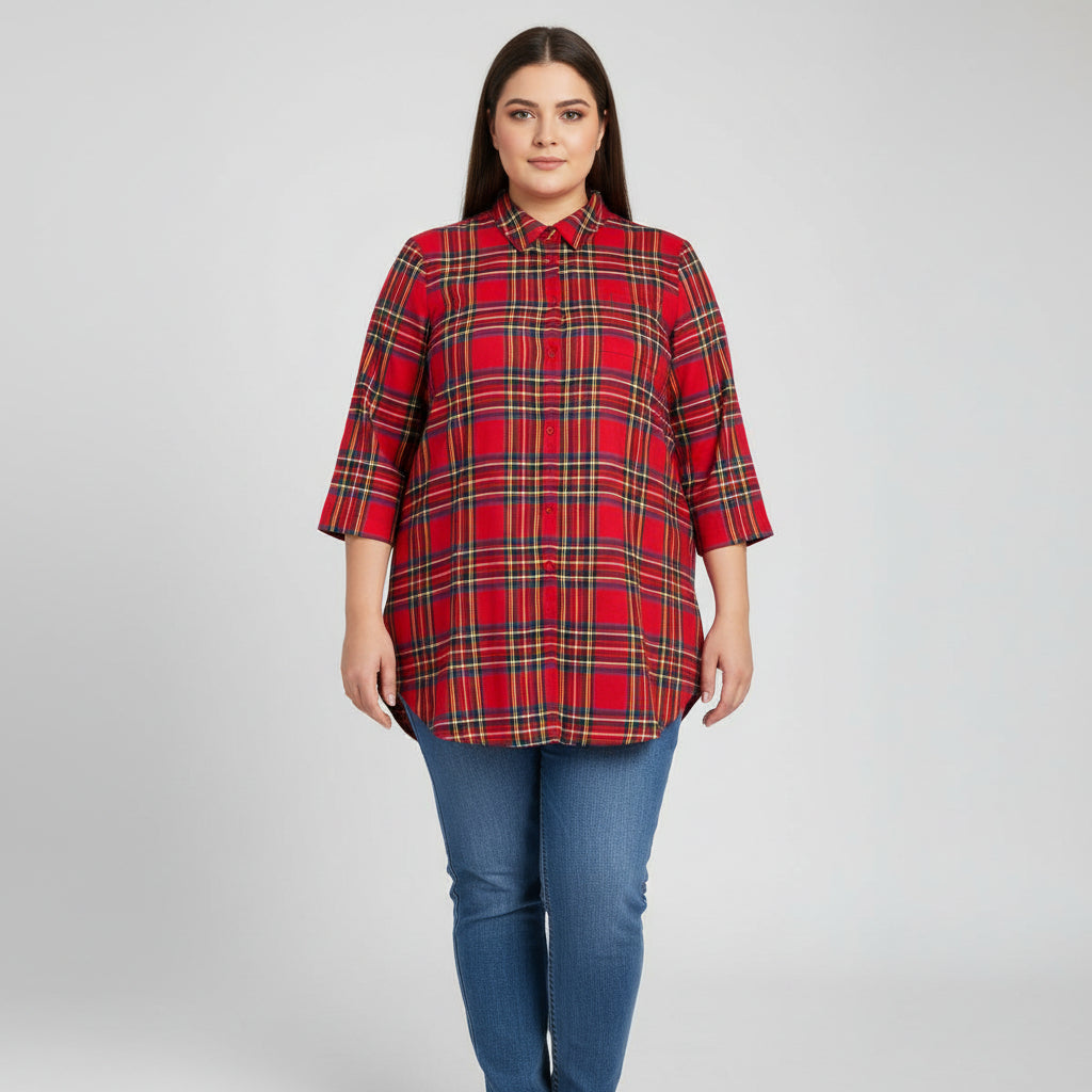 Red tartan plaid flannel shirt dress for women with button front and long sleeves
