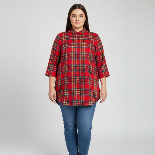 Red tartan plaid flannel shirt dress for women with button front and long sleeves