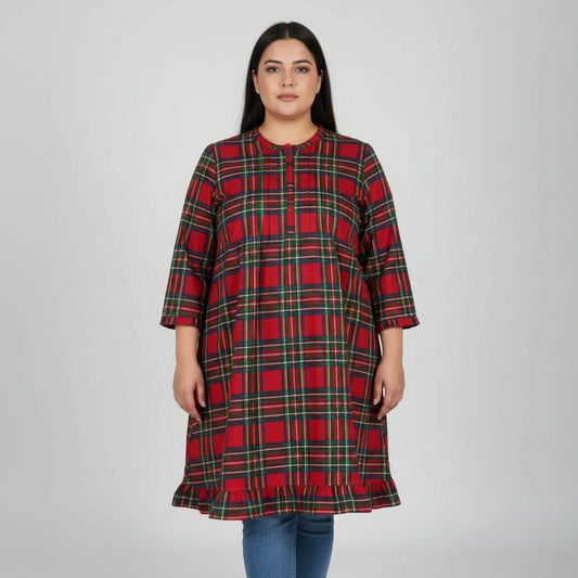 Red tartan plaid plus size tunic with ruffle hem and button placket front for women.