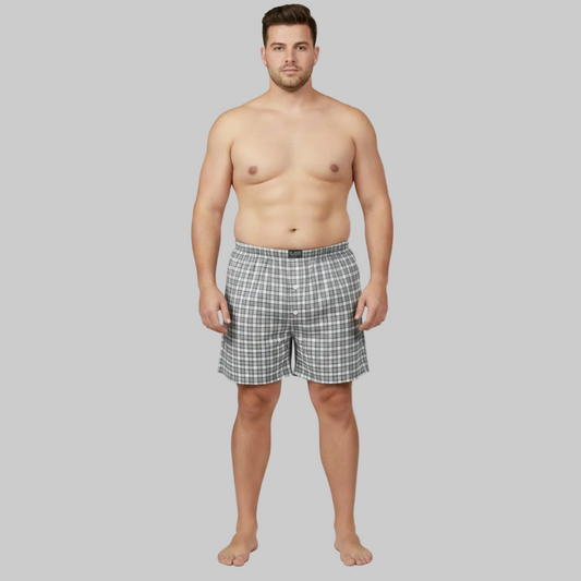 Classic white and grey check cotton boxer with elastic waistband and button fly, laid flat showing a clean and comfortable everyday design