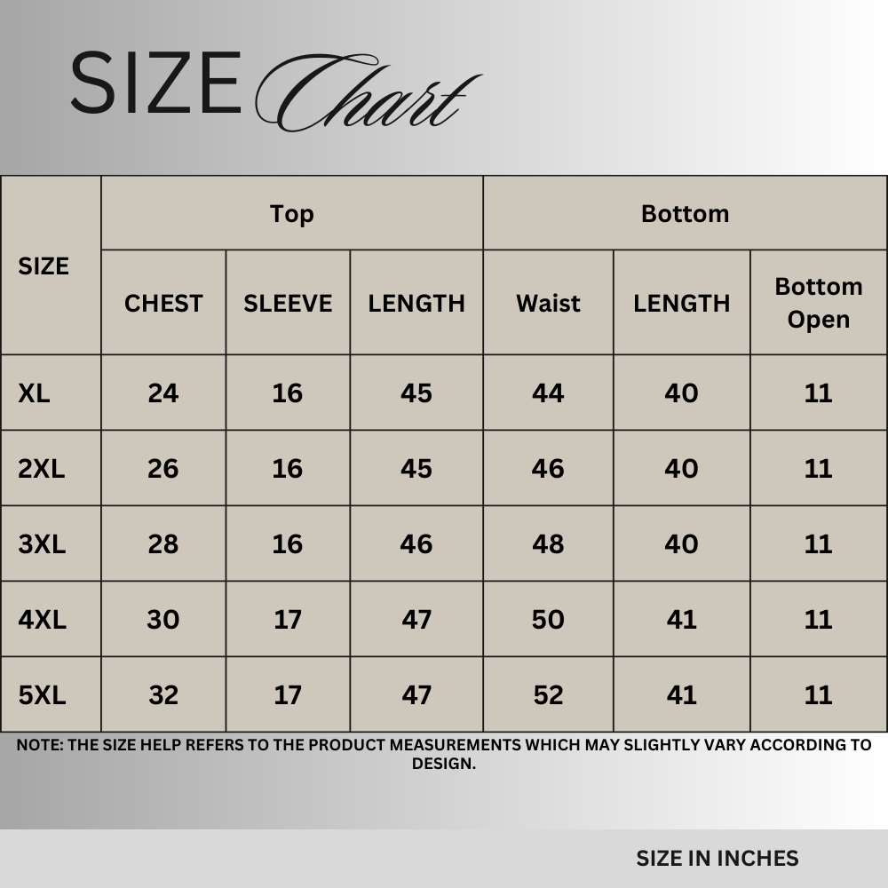 Size chart for Ruby Ember Cotton Co-Ord Set PSW-10894