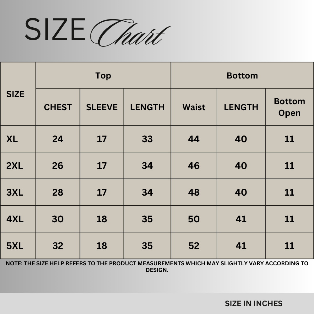 Size chart for Sage Serenity Co-Ord Set PSW-10890