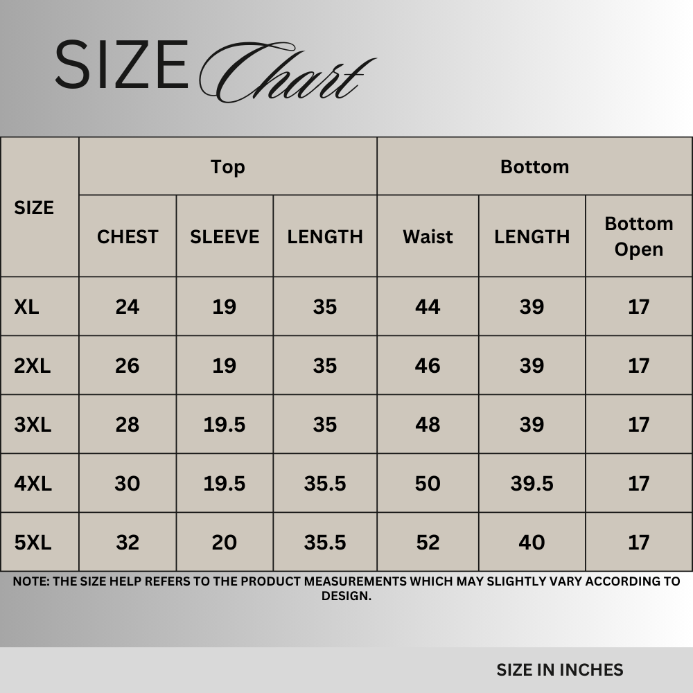 Size chart for Crimson Flow Co-Ord Set PSW-10889