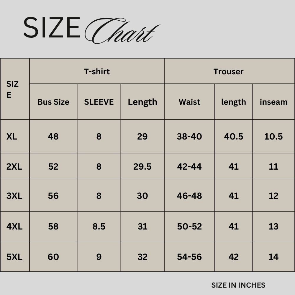 Size chart for Light Grey Dry-Fit Co-ord Set PSW-11202