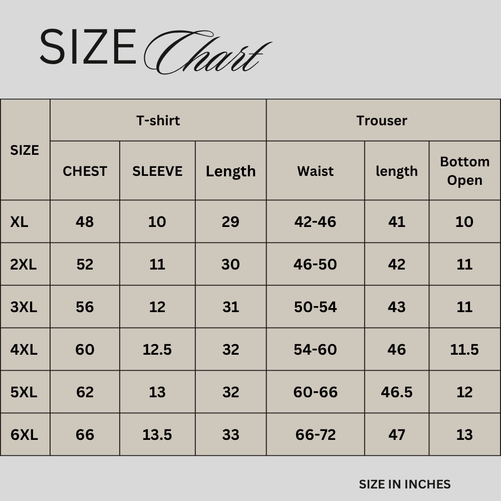 Size chart for Ivory Drift Unisex Terry Co-ord Set PSM-11127