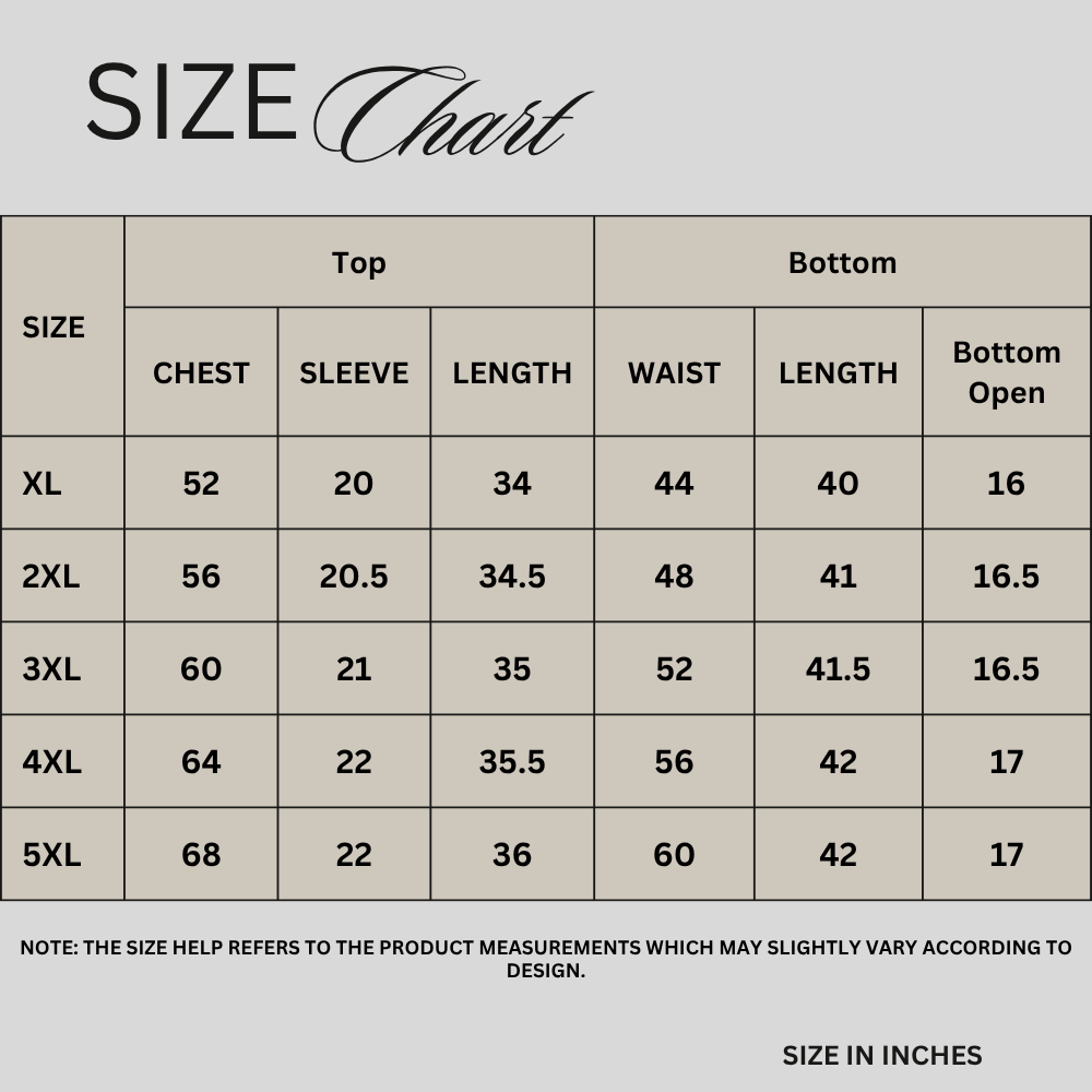 Size chart for Chocolate Brown Dobby Jacquard Co-ord Set PSW-11293
