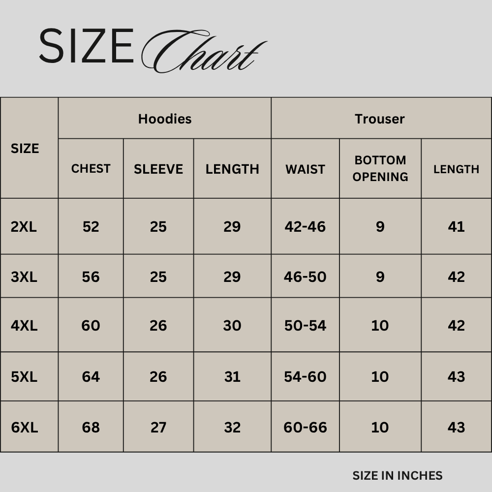 Size chart for Oatmeal Grey Fleece Co-ord Set PSM-11747