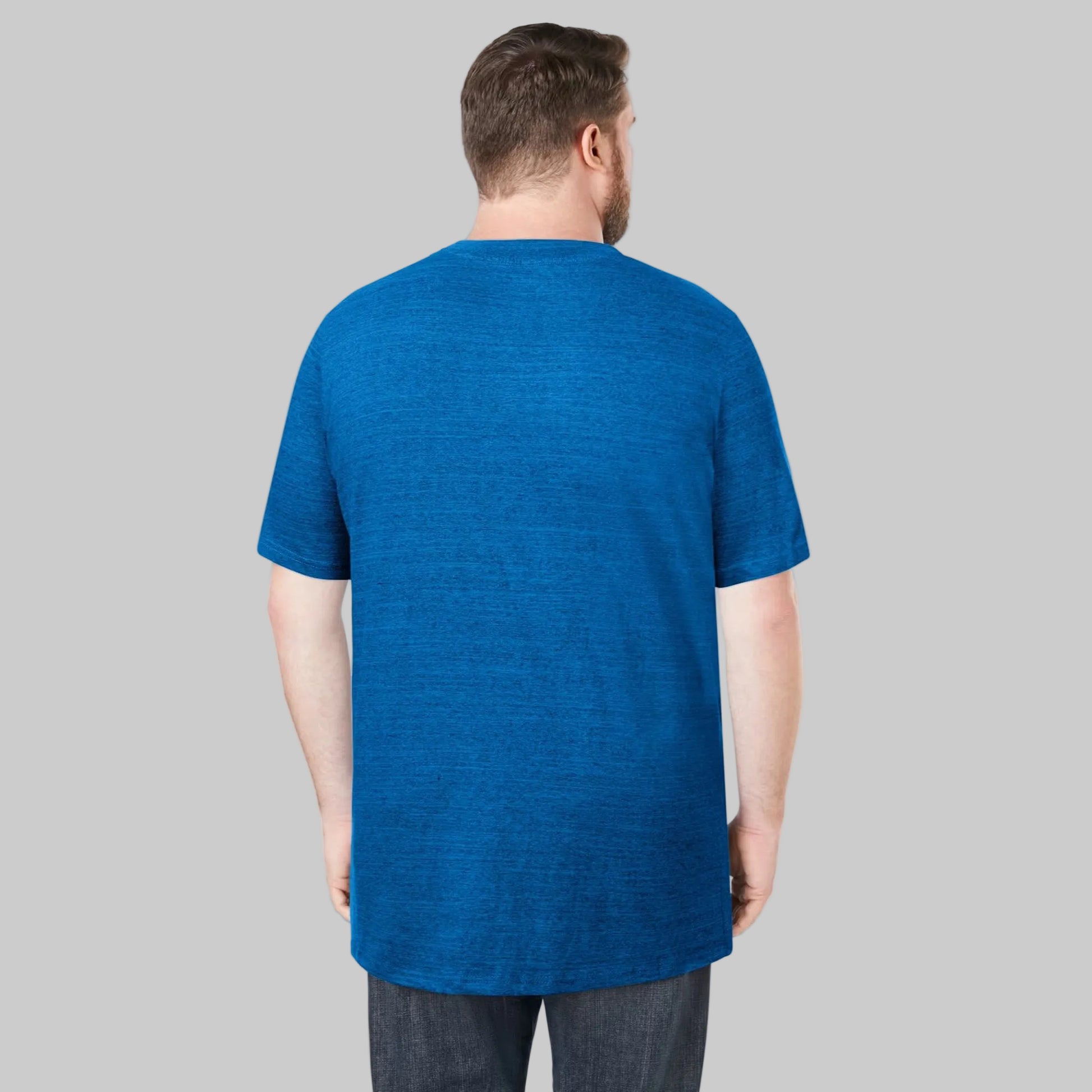 Cobalt marl big and tall crewneck pocket t-shirt with extra-long length, relaxed fit, lightweight shrink-less fabric, and short sleeves for everyday comfort