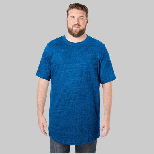 Cobalt marl big and tall crewneck pocket t-shirt with extra-long length, relaxed fit, lightweight shrink-less fabric, and short sleeves for everyday comfort