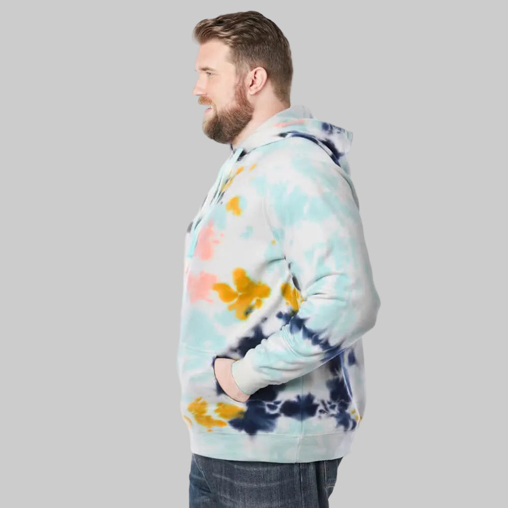 Cool blue marble fleece pullover hoodie with big and tall fit, front pouch pocket, ribbed cuffs, and adjustable drawstring hood on a plain background.