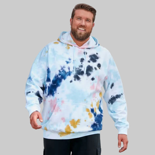 Cool blue marble fleece pullover hoodie with big and tall fit, front pouch pocket, ribbed cuffs, and adjustable drawstring hood on a plain background.