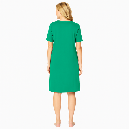 Women’s emerald green short sleeve sleepshirt with fun prints, relaxed fit, 40-inch length, and soft cotton fabric for comfort and lounging