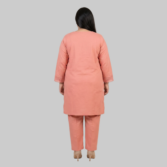Coral Peach cotton lawn lace trim co-ord set for women in breathable 100% cotton lawn fabric with elegant two-piece summer design.