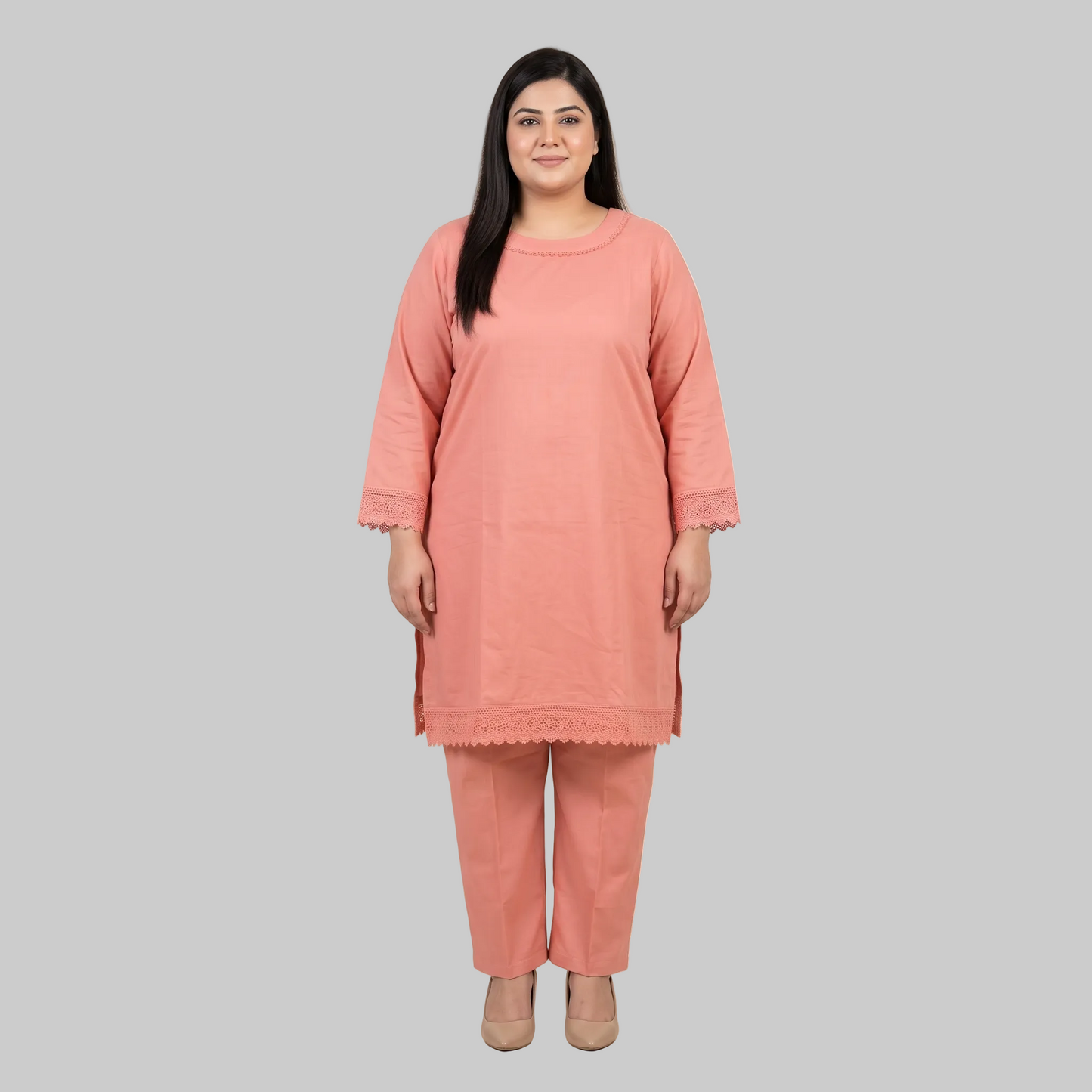 Coral Peach cotton lawn lace trim co-ord set for women in breathable 100% cotton lawn fabric with elegant two-piece summer design.