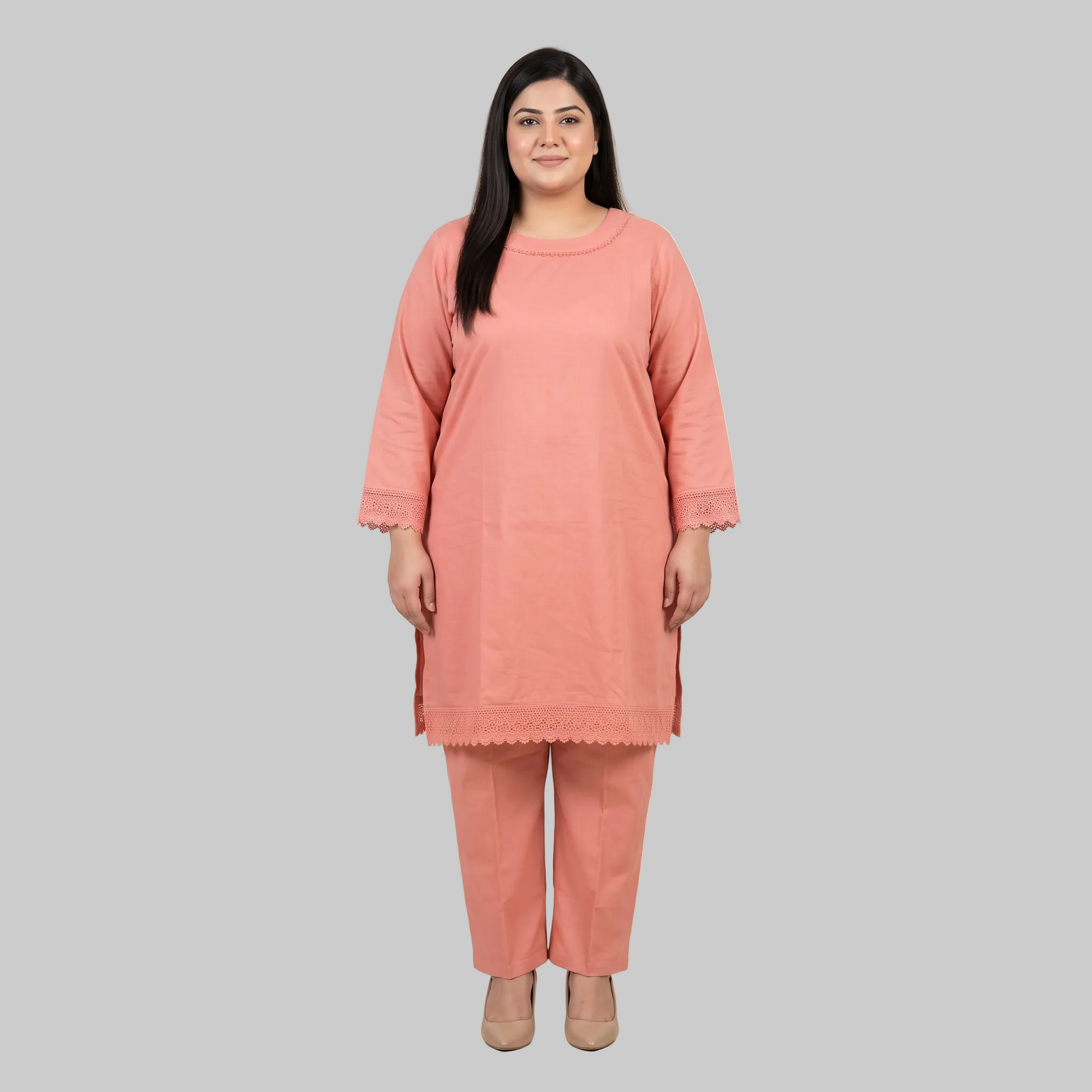 Coral Peach cotton lawn lace trim co-ord set for women in breathable 100% cotton lawn fabric with elegant two-piece summer design.