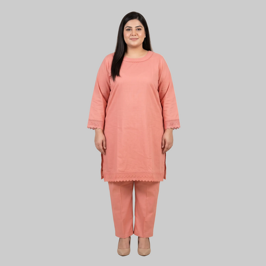 Coral Peach cotton lawn lace trim co-ord set for women in breathable 100% cotton lawn fabric with elegant two-piece summer design.