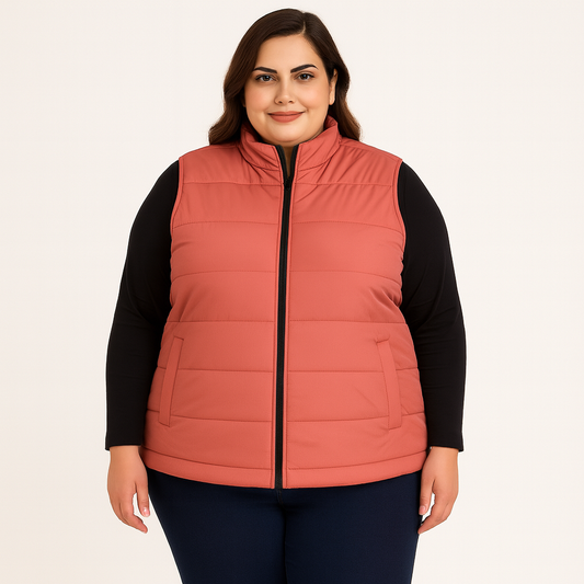 Plus size Pakistani female model wearing coral sleeveless puffer vest with quilted padded panels and welt pockets – casual outerwear