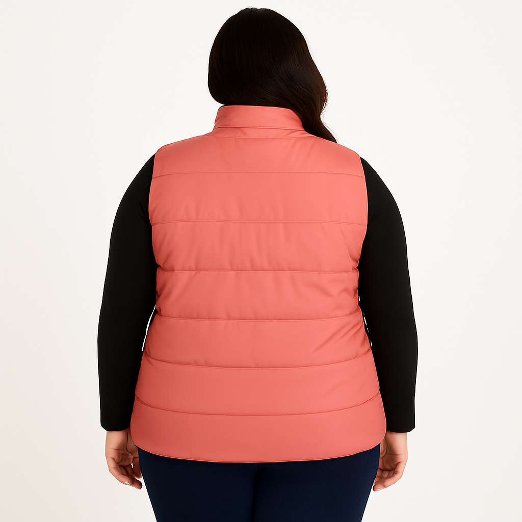 Plus size Pakistani female model wearing coral sleeveless puffer vest with quilted padded panels and welt pockets – casual outerwear
