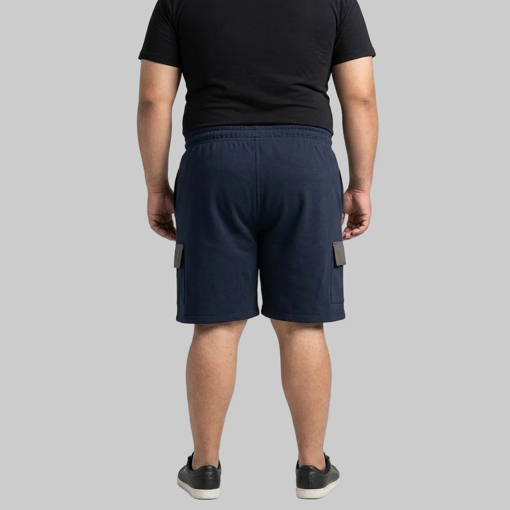 Core Navy Terry Cargo Shorts in premium terry fabric featuring flap cargo pockets, an elastic waistband, adjustable drawstring, and a comfortable relaxed fit.
