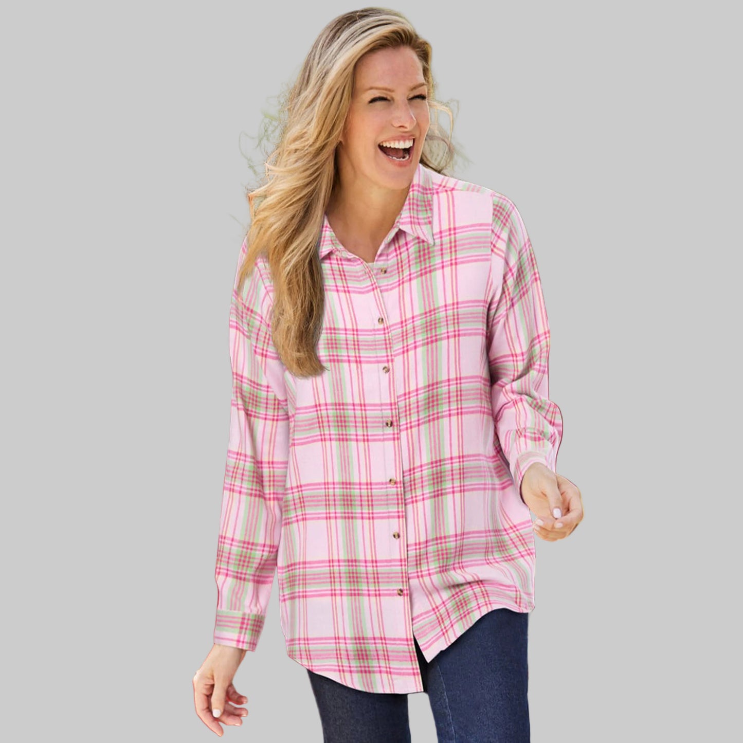 Cozy Comfort Plus Size Pink Flannel Shirt with plaid design and tunic length for women